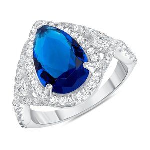 Sterling Silver 925 Rhodium Plated Sapphire CZ Center Stone Tear Shape Ring